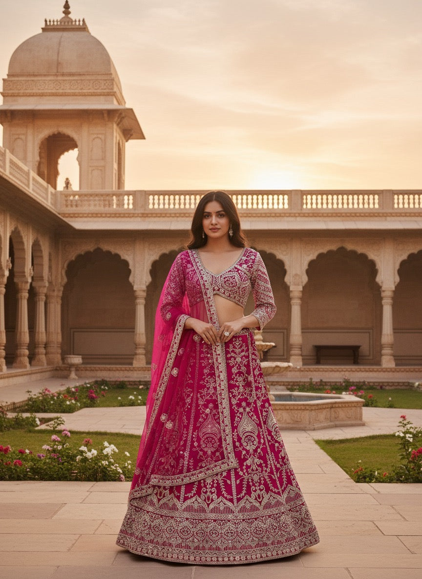Lehenga rose fuchsia somptueux en butterfly net avec broderies de sequins