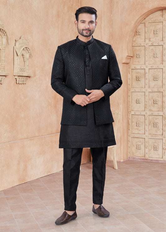 Sherwani Jacket noir mi-long en pure soie et doublure avec mouchoir pour grands évènements