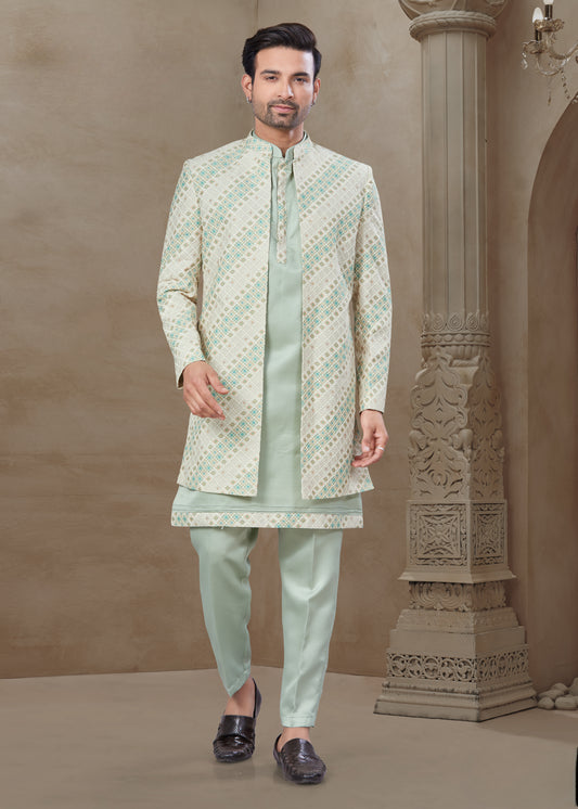 Ensemble Kurta vert pistache clair avec Veste Sophistiqué à détails colorés traditionnels mi-longue