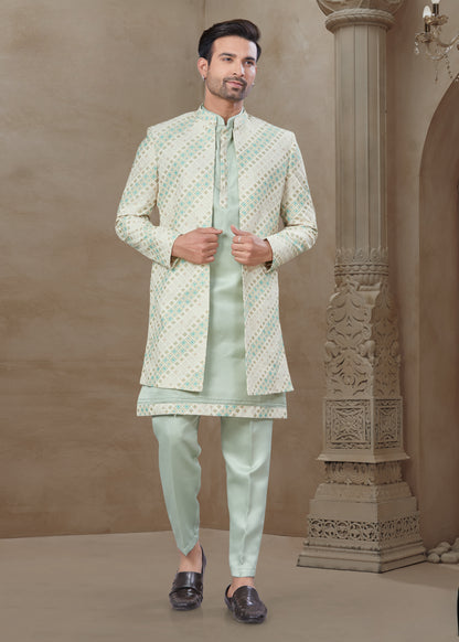 Ensemble Kurta vert pistache clair avec Veste Sophistiqué à détails colorés traditionnels mi-longue
