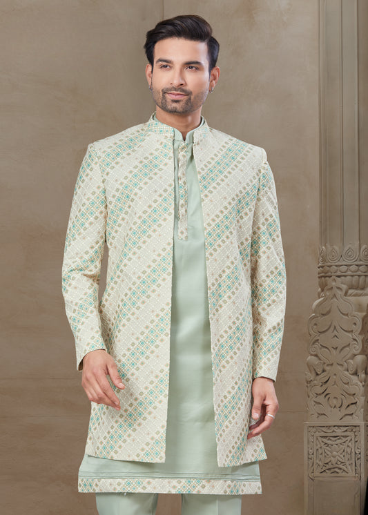 Ensemble Kurta vert pistache clair avec Veste Sophistiqué à détails colorés traditionnels mi-longue