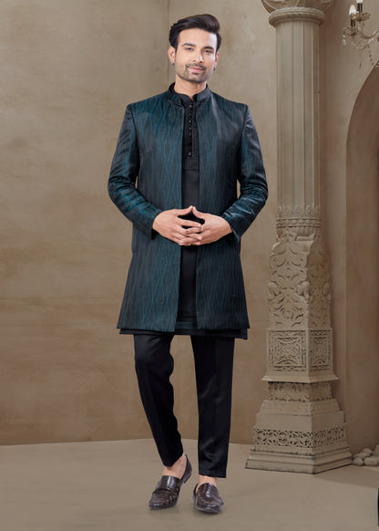 Ensemble Kurta noir avec Veste noire et bleue sarcelle Sophistiqué à détails mi-longue