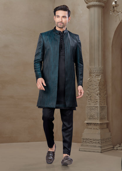 Ensemble Kurta noir avec Veste noire et bleue sarcelle Sophistiqué à détails mi-longue