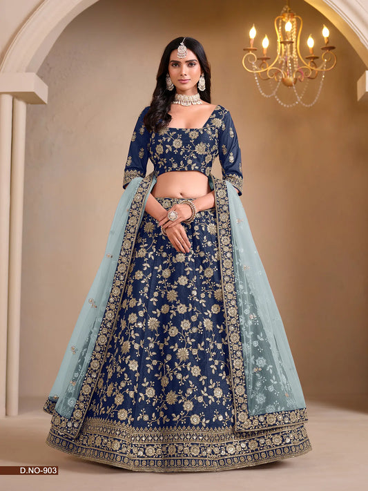 Designer Lehenga Choli aus dunkelblauer Kunstseide mit Fadenstickerei und Pailletten