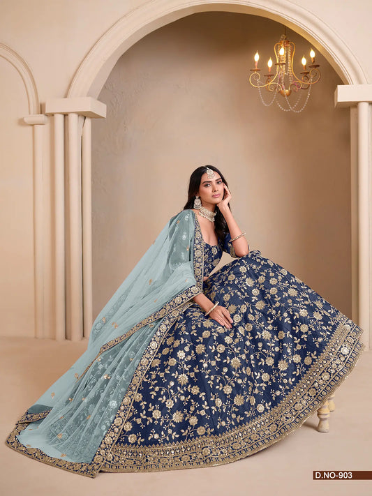Designer Lehenga Choli aus dunkelblauer Kunstseide mit Fadenstickerei und Pailletten
