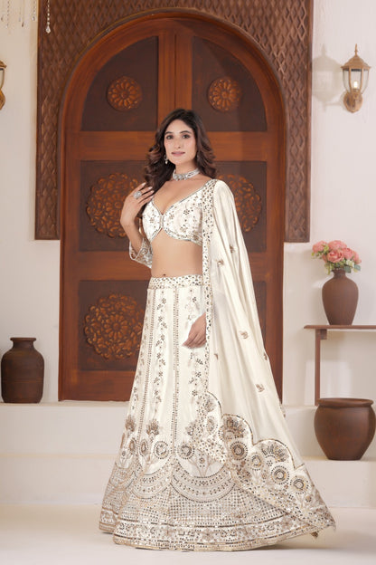 Lehenga blanc cygne scintillant en soie chinon et zari COLLECTION SANIYA