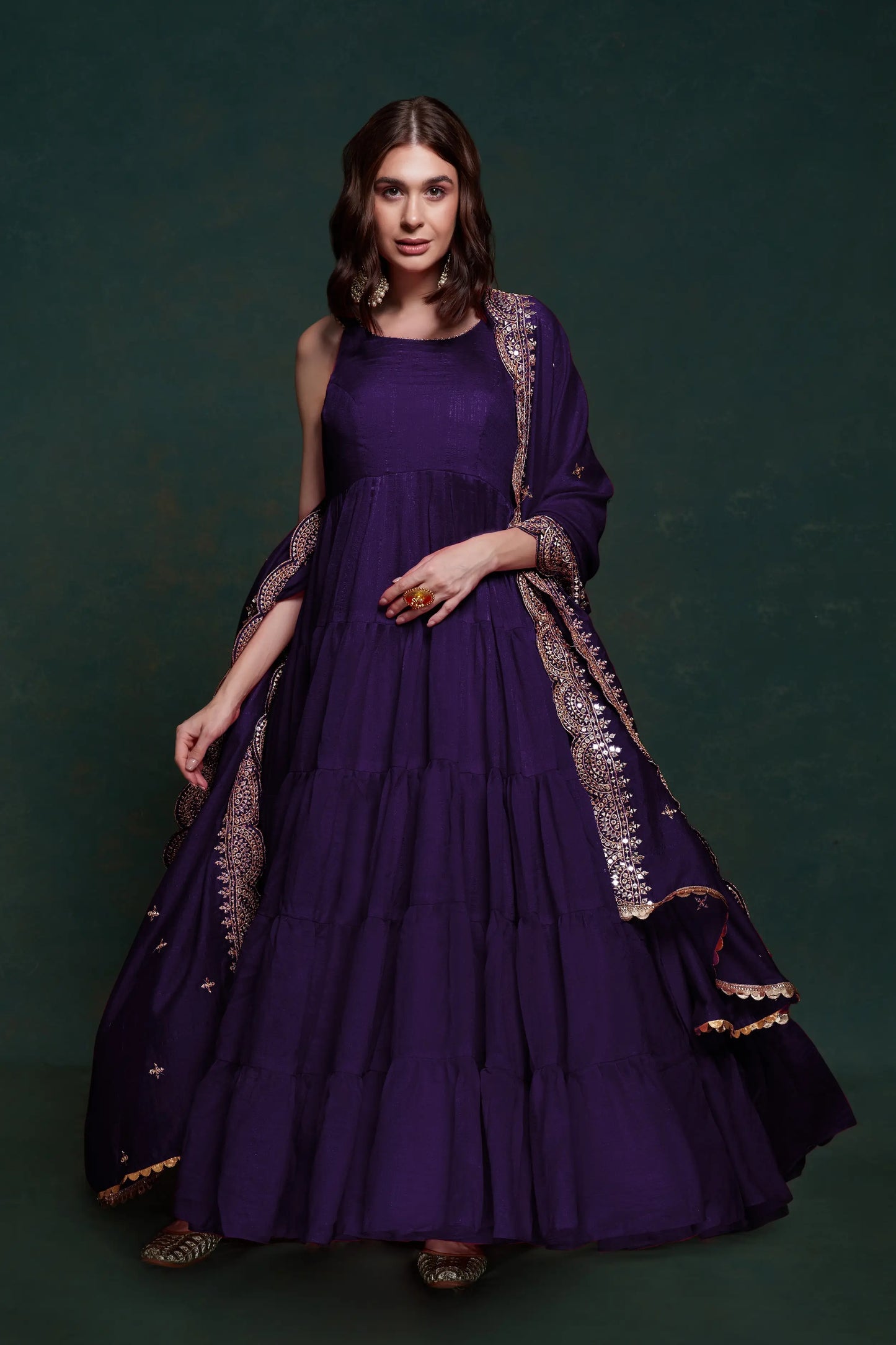 Purple silk dress with zari and sequin embroidery, accompanied by a dupatta