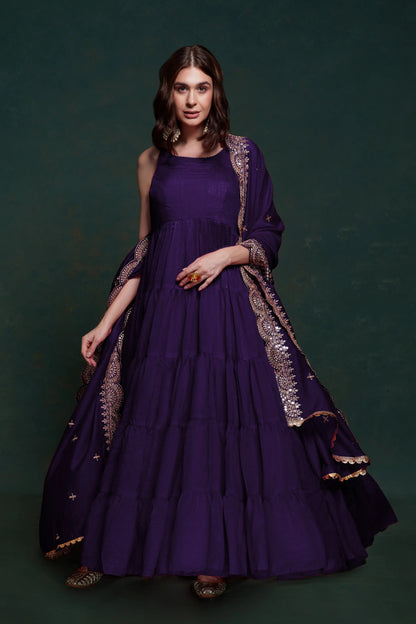 Purple silk dress with zari and sequin embroidery, accompanied by a dupatta