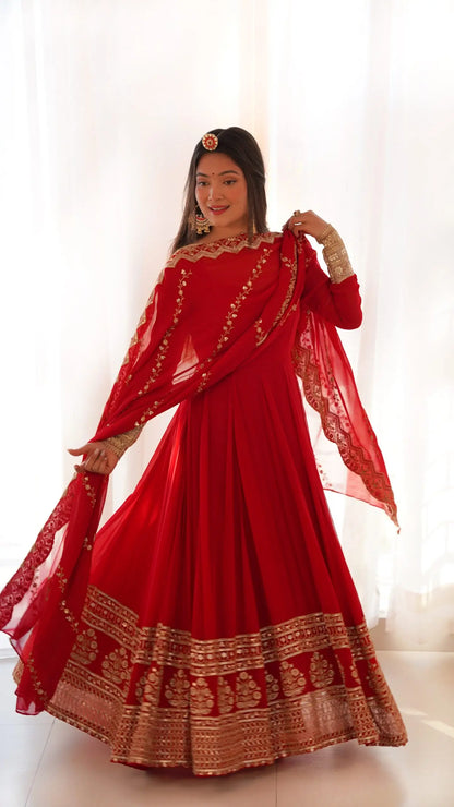 Red georgette dress with embroidery and dupatta