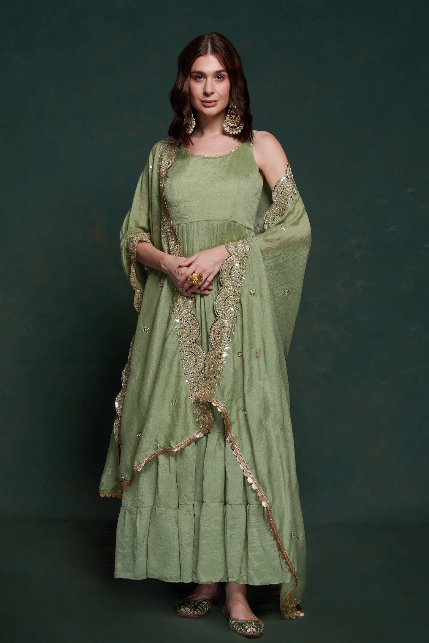 Pistachio georgette maxi dress with elegant dupatta