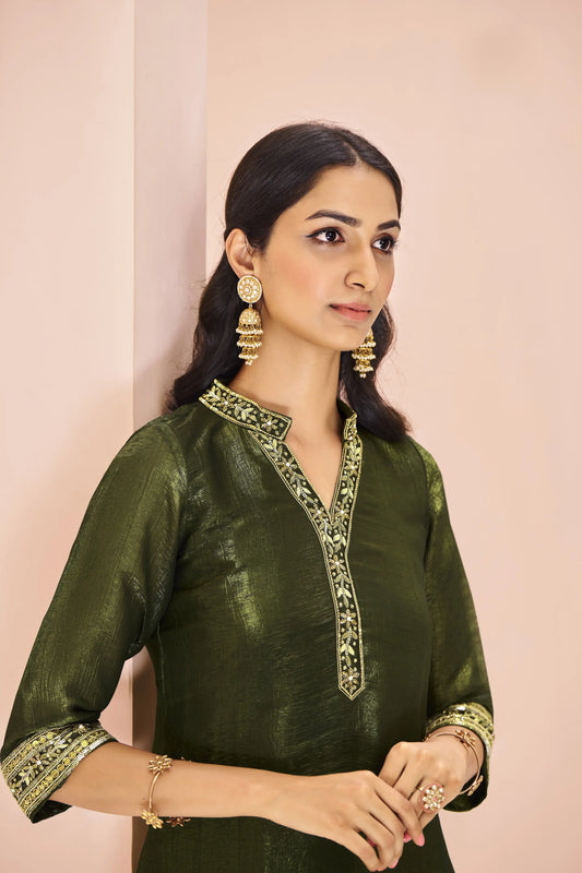 Salwar en Organza Vert Olive