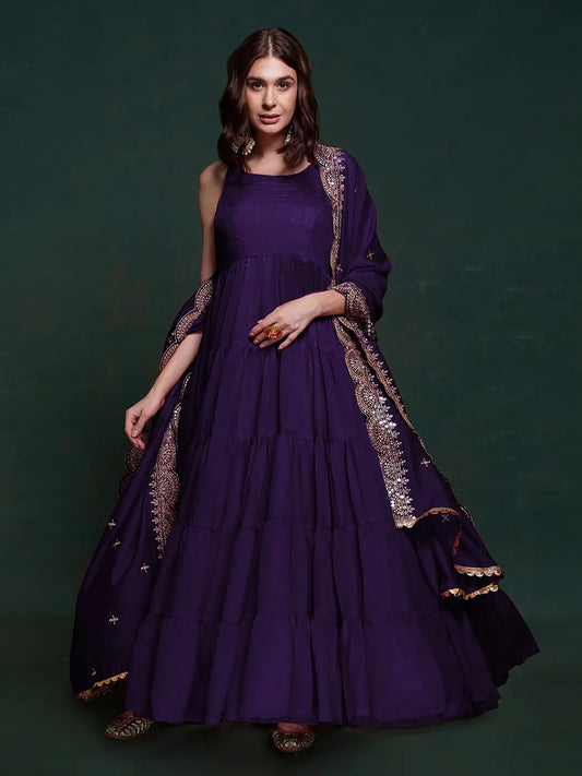 Purple silk dress with elegant dupatta