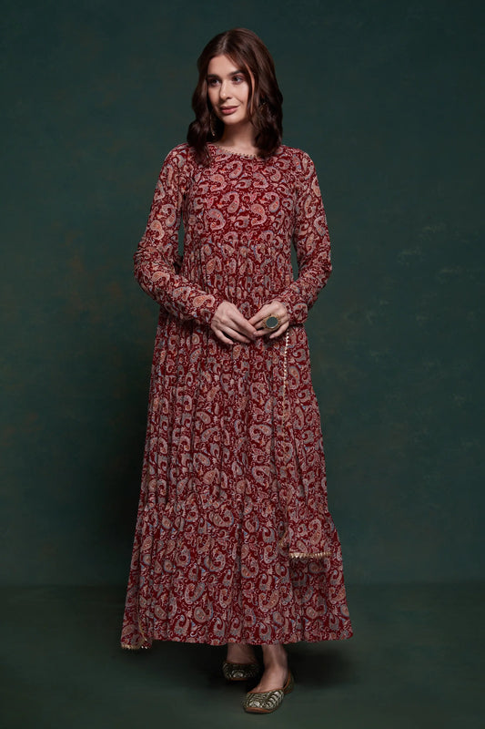 Burgundy printed dress with modern dupatta
