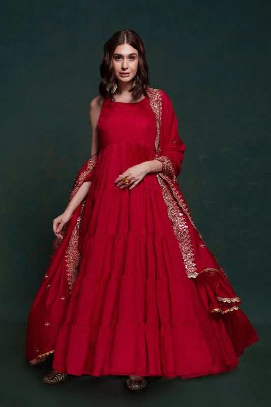 Red georgette maxi dress with elegant dupatta