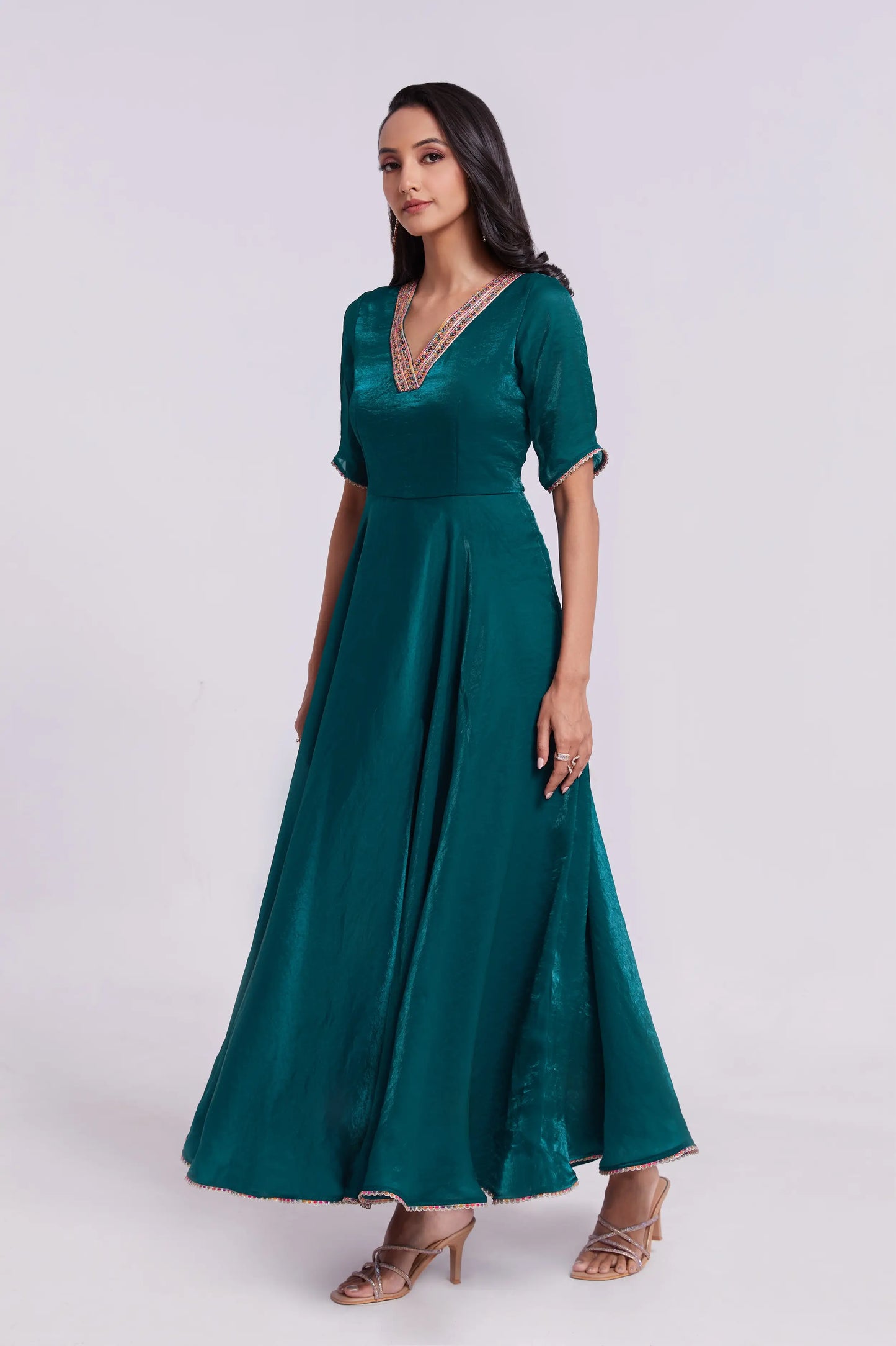 Peacock blue sheer organza long dress