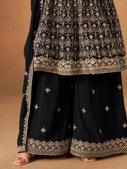 Salwar Palazzo noir en faux georgette avec ornements COLLECTION ELINA
