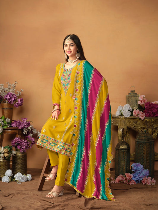Salwar Pantalon jaune foncé avec Dupatta multicolore assorti COLLECTION LOUNA