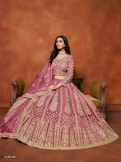 Hellrosa Netz-Lehenga-Choli mit Faden- und Paillettenstickerei