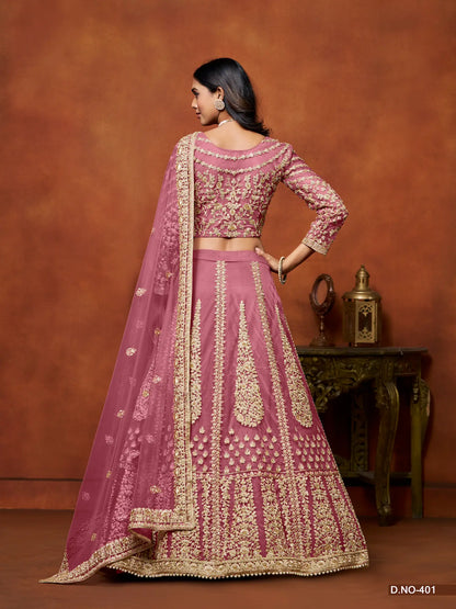 Hellrosa Netz-Lehenga-Choli mit Faden- und Paillettenstickerei