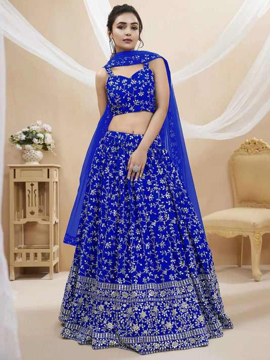 Lehenga Georgette Bleu Royal avec Broderie en Sequins et Zari