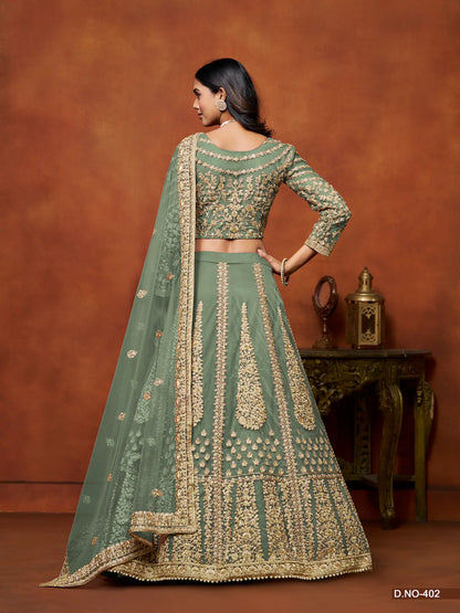 Pistaziengrünes Netz-Lehenga-Choli mit Faden- und Paillettenstickerei