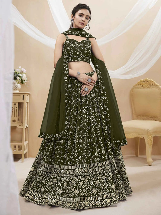 Lehenga en Georgette Vert Olive Foncé avec Broderie en Sequins et Zari