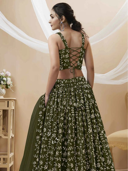 Lehenga en Georgette Vert Olive Foncé avec Broderie en Sequins et Zari