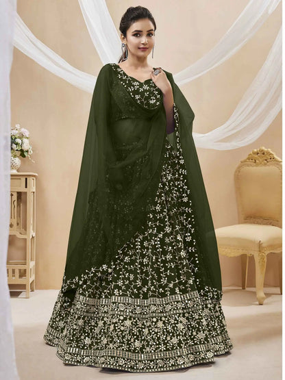 Lehenga en Georgette Vert Olive Foncé avec Broderie en Sequins et Zari