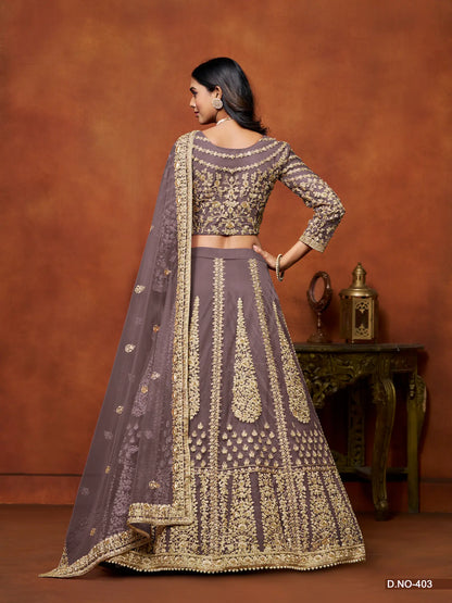 Graues Netz-Lehenga-Choli mit Faden- und Paillettenstickerei