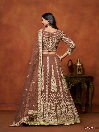 Braunes Netz-Lehenga-Choli mit Faden- und Paillettenstickerei