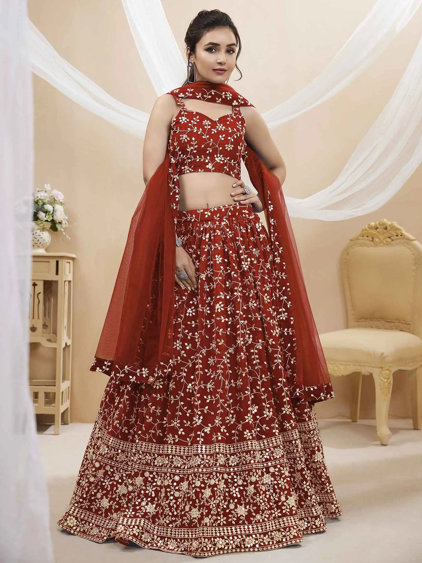 Red georgette lehenga with sequin and gold thread embroidery (zari)