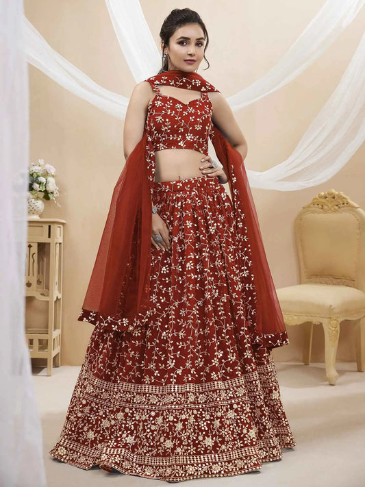 Lehenga rouge en georgette avec broderie de sequins et de fils dorés (zari)