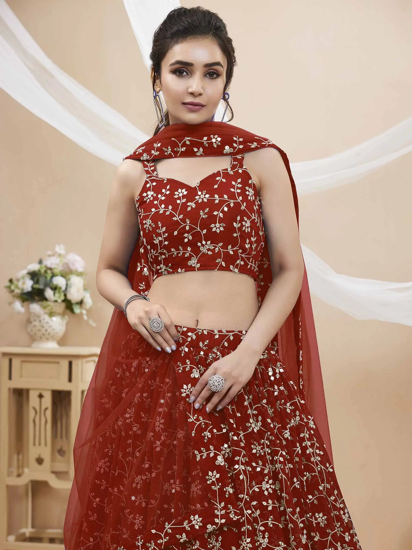 Red georgette lehenga with sequin and gold thread embroidery (zari)