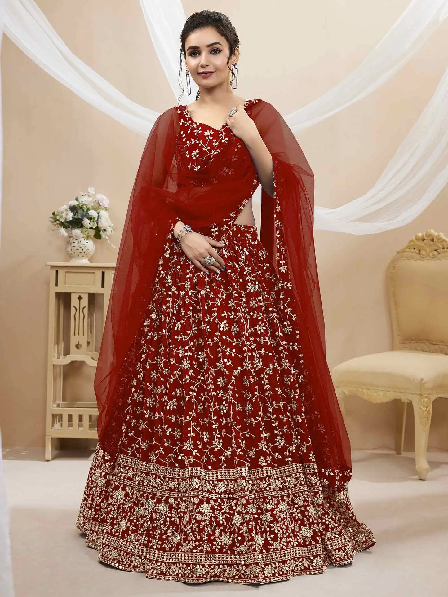 Red georgette lehenga with sequin and gold thread embroidery (zari)