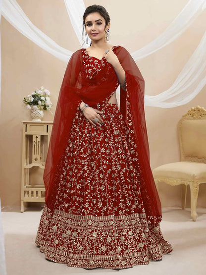 Red georgette lehenga with sequin and gold thread embroidery (zari)