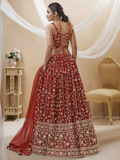 Red georgette lehenga with sequin and gold thread embroidery (zari)
