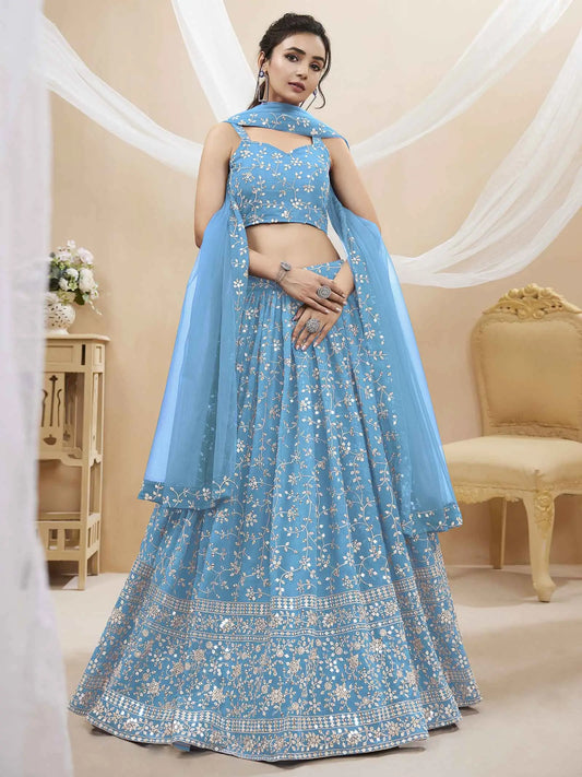 Lehenga Choli en Georgette Bleu Ciel avec Broderies de Sequins et de Zari