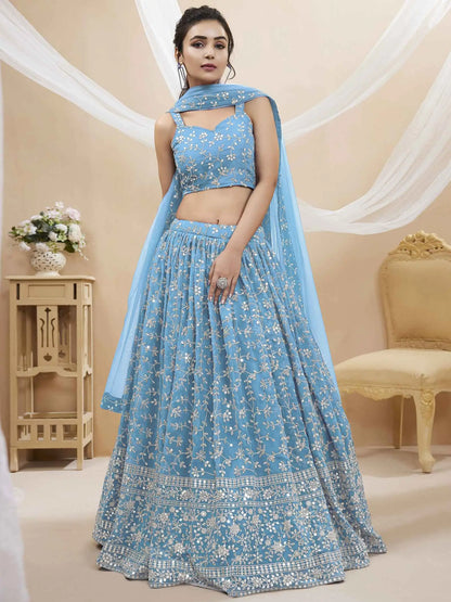 Lehenga Choli en Georgette Bleu Ciel avec Broderies de Sequins et de Zari
