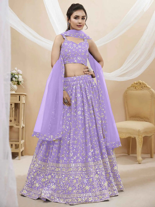 Lehenga lavande en georgette avec broderies de sequins et de fils zari