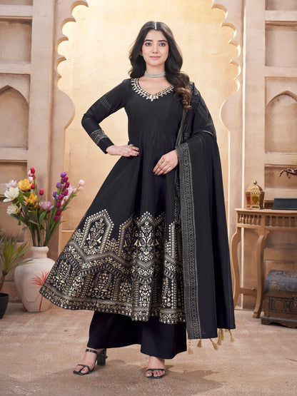 Black silk salwar suit with mirror work and foil print