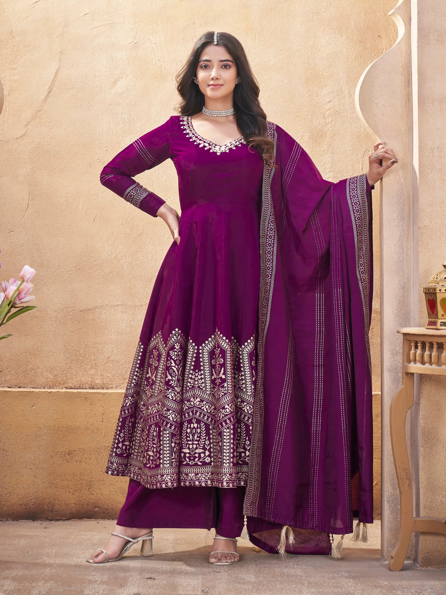 Grape purple silk salwar suit with mirror work and foil print