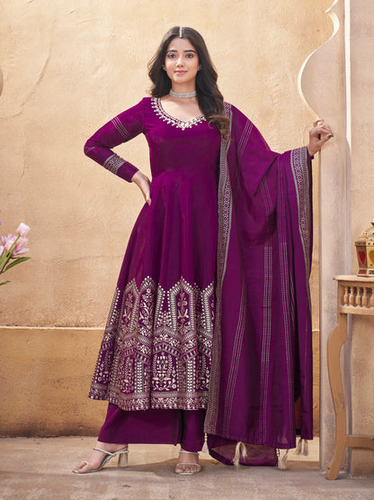 Grape purple silk salwar suit with mirror work and foil print