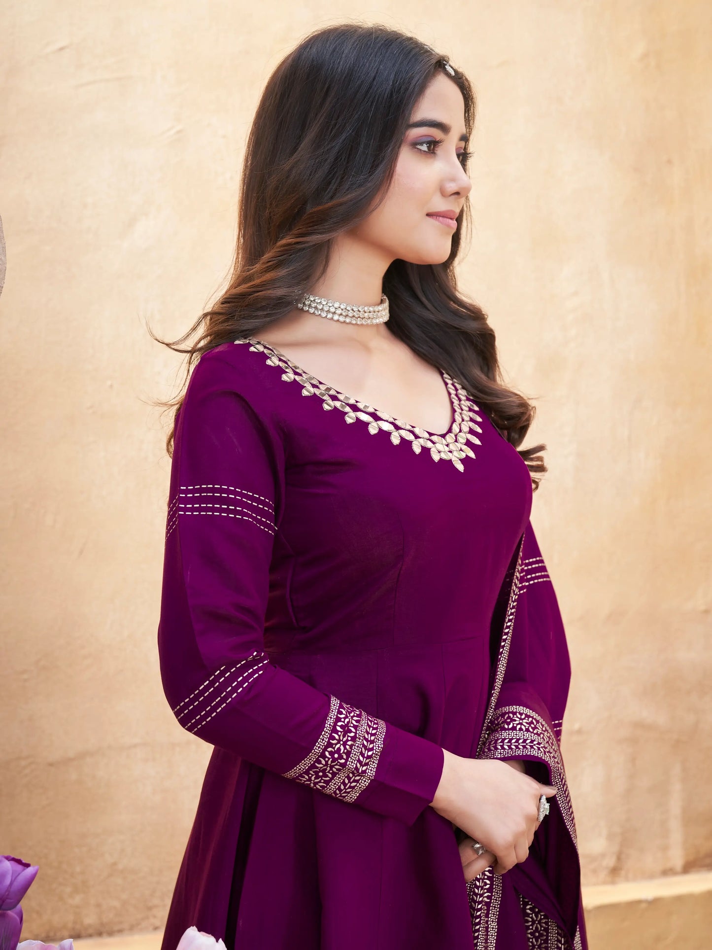 Grape purple silk salwar suit with mirror work and foil print