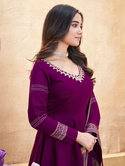 Grape purple silk salwar suit with mirror work and foil print