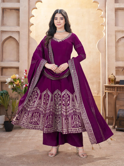 Grape purple silk salwar suit with mirror work and foil print