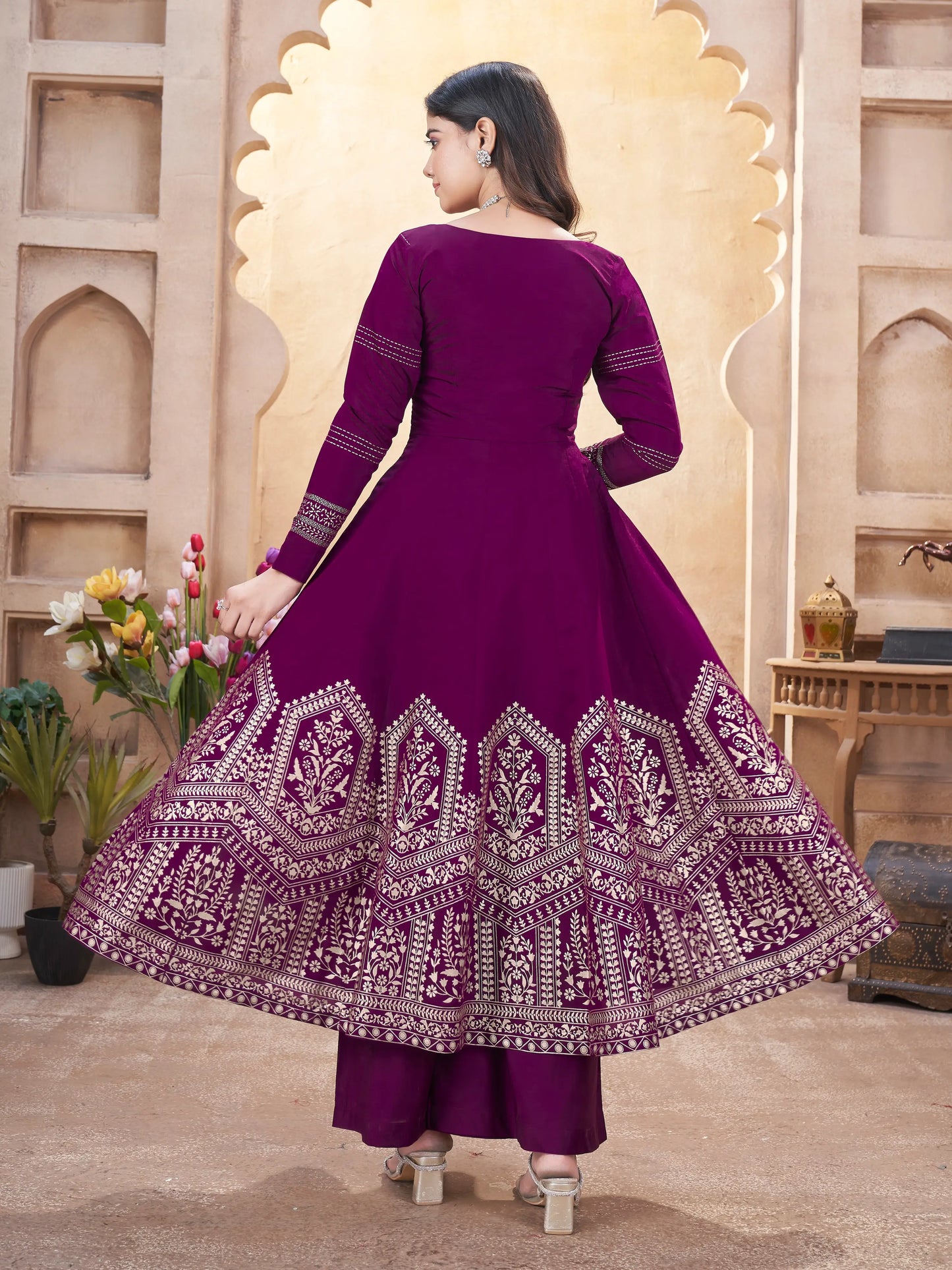 Grape purple silk salwar suit with mirror work and foil print