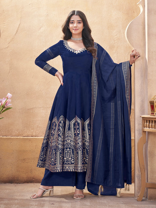 Marineblauer Salwar-Anzug aus Seide mit Spiegelarbeit und Foliendruck