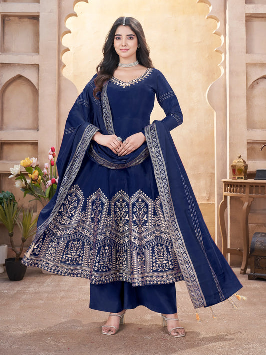 Marineblauer Salwar-Anzug aus Seide mit Spiegelarbeit und Foliendruck