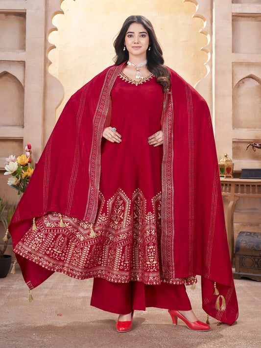 Red silk salwar suit with mirror work and foil print