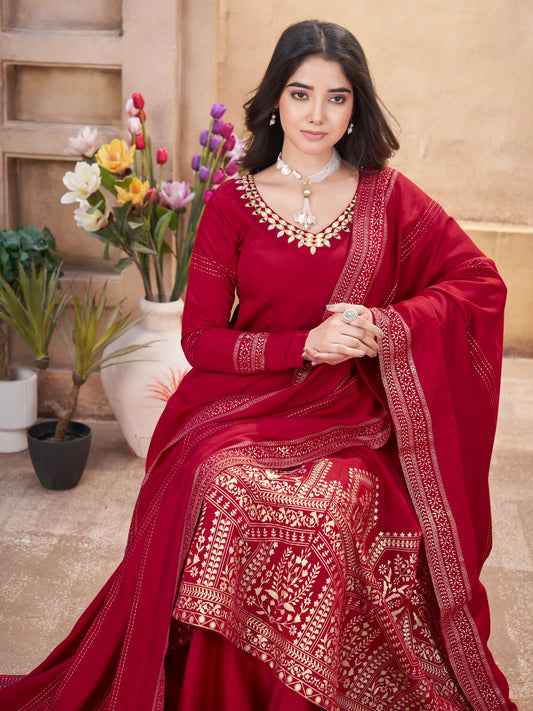 Red silk salwar suit with mirror work and foil print